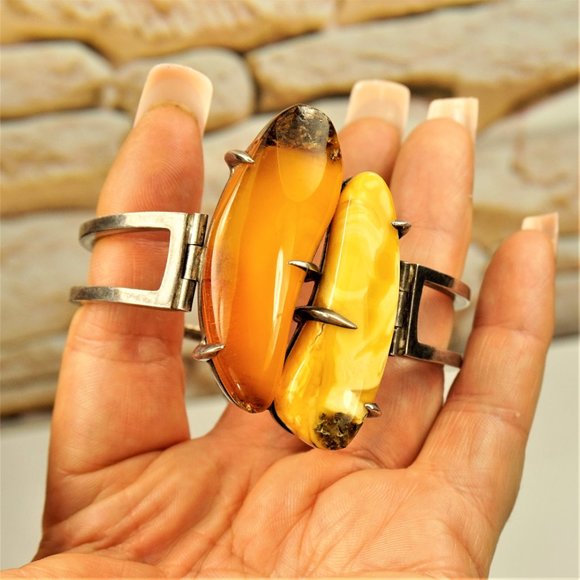 SUPER RARE MODERNIST AMBER STERLING BRACELET, HEAVY HINGED BANGLE 7" - Picture 8 of 11